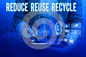 Text sign showing Reduce Reuse Recycle. Conceptual photo environmentallyresponsible consumer behavior Woman wear formal