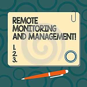 Text sign showing Remote Monitoring And Management. Conceptual photo Long distance monitor data analysisager Blank