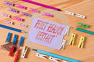 Text sign showing Reset Realign Restart. Conceptual photo Life audit will help you put things in perspectives Colored photo