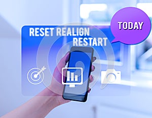Text sign showing Reset Realign Restart. Conceptual photo Life audit will help you put things in perspectives woman photo