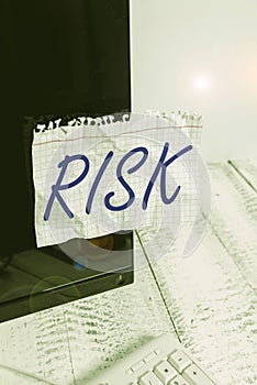 Text sign showing Risk. Conceptual photo Possibility of losing something of value or threat of damage Notation paper taped to