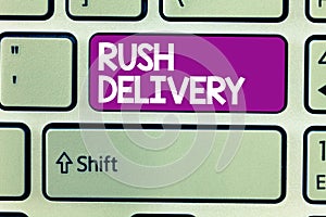 Text sign showing Rush Delivery. Conceptual photo Urgency in transporting goods to customer Urgent need