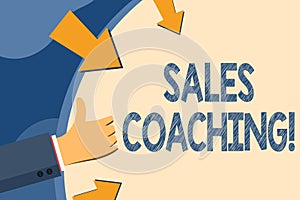 Text sign showing Sales Coaching. Conceptual photo analysisage their team by analyzing metrics and KPIs of selling Hand