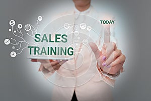 Text sign showing Sales Training. Concept meaning Action Selling Market Overview Personal Development Lady In Uniform