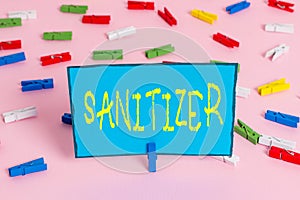 Text sign showing Sanitizer. Conceptual photo liquid or gel generally used to decrease infectious agents Colored