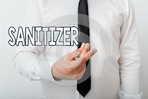 Text sign showing Sanitizer. Conceptual photo liquid or gel generally used to decrease infectious agents Model with