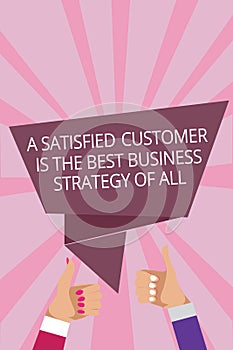 Text sign showing A Satisfied Customer Is The Best Business Strategy Of All. Conceptual photo Good Service Man woman hands thumbs