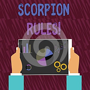 Text sign showing Scorpion Rules. Conceptual photo Dystopian young adult novel by Erin Bow Prisoners of peace Hands