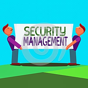Text sign showing Security Management. Conceptual photo is the identification of an organization s is assets Two Men