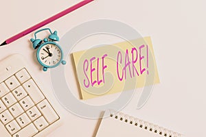 Text sign showing Self Care. Conceptual photo practice of taking action to preserve or improve ones own health White pc keyboard