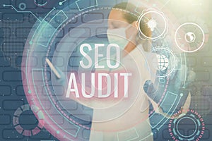 Text sign showing Seo Audit. Word Written on Search Engine Optimization validating and verifying process -47358