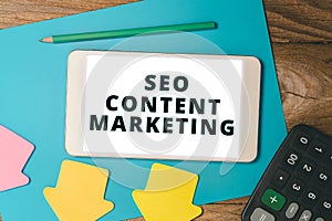 Text sign showing Seo Content Marketing. Concept meaning publication of material designed to promote a brand