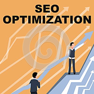 Text sign showing Seo Optimization. Word for process of affecting online visibility of website or page Arrows Guiding