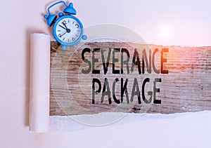 Text sign showing Severance Package. Conceptual photo pay and benefits employees receive when leaving employment Alarm