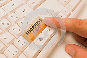 Text sign showing Shopping List. Conceptual photo Discipline approach to shopping Basic Items to Buy White pc keyboard