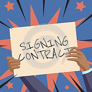 Text sign showing Signing Contract. Business idea the parties signing the document agree to the terms Hands Holding