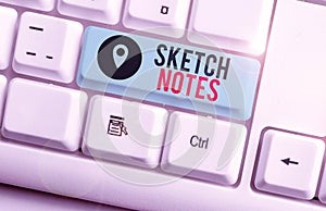 Text sign showing Sketch Notes. Conceptual photo visual notetaking Combination of notetaking and doodling White pc photo
