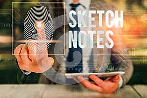Text sign showing Sketch Notes. Conceptual photo visual notetaking Combination of notetaking and doodling Woman wear photo
