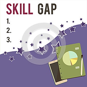 Text sign showing Skill Gap. Conceptual photo Refering to a demonstrating s is weakness or limitation of knowlege Layout