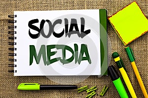 Text sign showing Social Media. Conceptual photo Communication Chat Online Messaging Share Community Societal written on Notebook