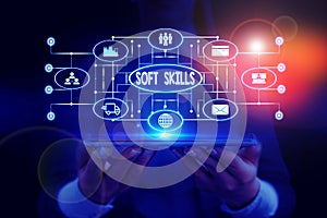 Text sign showing Soft Skills. Conceptual photo demonstratingal attribute enable interact effectively with other showing photo