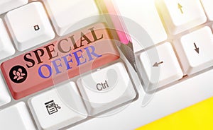 Text sign showing Special Offer. Conceptual photo Discounted price Markdown Promotional Items Crazy Sale