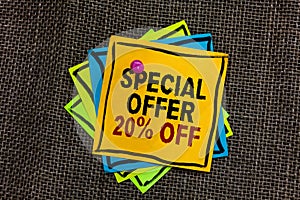 Text sign showing Special Offer 20 Off. Conceptual photo Discounts promotion Sales Retail Marketing Offer Black bordered different