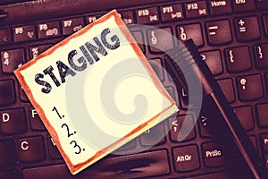 Text sign showing Staging. Conceptual photo Method presenting play or other dramatic perforanalysisce Set of stages photo