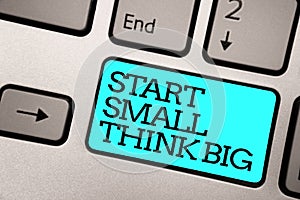 Text sign showing Start Small Think Big. Conceptual photo Initiate with few things have something great in mind Silver grey comput