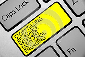 Text sign showing Storytelling Relatable Relevant Emotional Engaging. Conceptual photo Share memories Tales Keyboard yellow key In