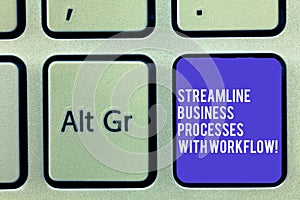 Text sign showing Streamline Business Processes With Workflow. Conceptual photo Computer social media process Keyboard