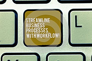 Text sign showing Streamline Business Processes With Workflow. Conceptual photo Computer social media process Keyboard