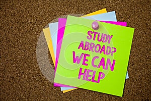 Text sign showing Study Abroad Question We Can Help. Conceptual photo going overseas complete your studies Postcards various colou