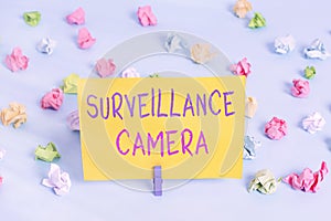 Text sign showing Surveillance Camera. Conceptual photo Closed Circuit Television transmit signal on monitors Colored crumpled