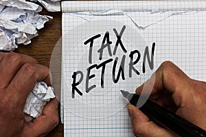 Text sign showing Tax Return. Conceptual photo which taxpayer makes annual statement of income circumstances Man holding marker no