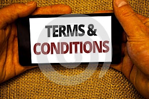 Text sign showing Terms and Conditions. Conceptual photo Legal Law Agreement Disclaimer Restrictions Settlement Jute sack backgro