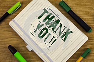 Text sign showing Thank You Motivational Call. Conceptual photo Appreciation greeting Acknowledgment Gratitude written on Notebook photo