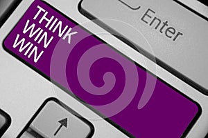 Text sign showing Think Win Win. Conceptual photo Business Strategy Competition Challenge Way to be success Keyboard purple key In