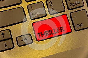 Text sign showing Thriller. Conceptual photo Chilling frightful moments in life film and movie category Keyboard brown key yellow