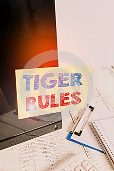 Text sign showing Tiger Rules. Conceptual photo Willpower and demonstratingal strength Resistance to imperial rule Note paper