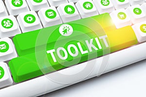 Text sign showing Toolkit. Business showcase set of tools kept in a bag or box and used for a particular purpose