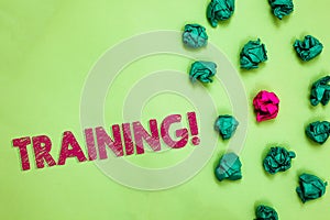 Text sign showing Training. Conceptual photo An activity occurred when starting a new job project or work Crumpled wrinkled papers