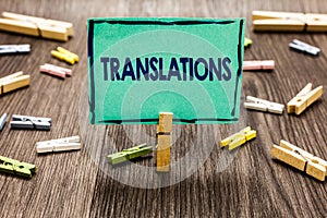 Text sign showing Translations. Conceptual photo Written or printed process of translating words text voice Random clips art work photo