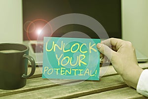 Text sign showing Unlock Your Potential. Concept meaning Mentor, coach and another leading person to open hidden talent