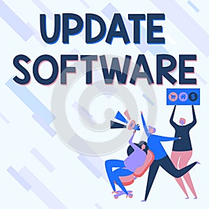 Text sign showing Update Software. Internet Concept replacing program with a newer version of same product Woman Drawing