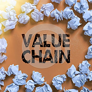 Text sign showing Value Chain. Business overview Business manufacturing process Industry development analysis