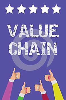 Text sign showing Value Chain. Conceptual photo Business manufacturing process Industry development analysis Men women hands thumb