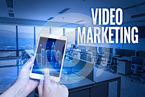 Text sign showing Video Marketing. Business concept integrates engaging video into the marketing campaigns Hand Touching