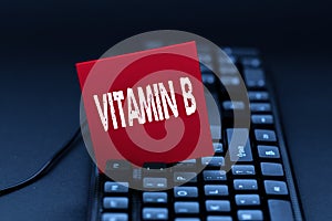 Text sign showing Vitamin B. Business approach Nutrient that helps keep the body nerve and blood cells healthy Inputting