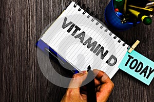 Text sign showing Vitamin D. Conceptual photo Benefits of sunbeam exposure and certain fat soluble nutriments Reminder appointment